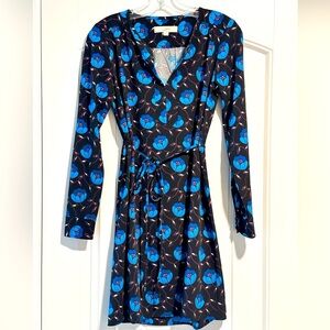 EUC Ann Taylor Loft Long Sleeve Black and Blue Tunic V Neck Dress With Tie XS
